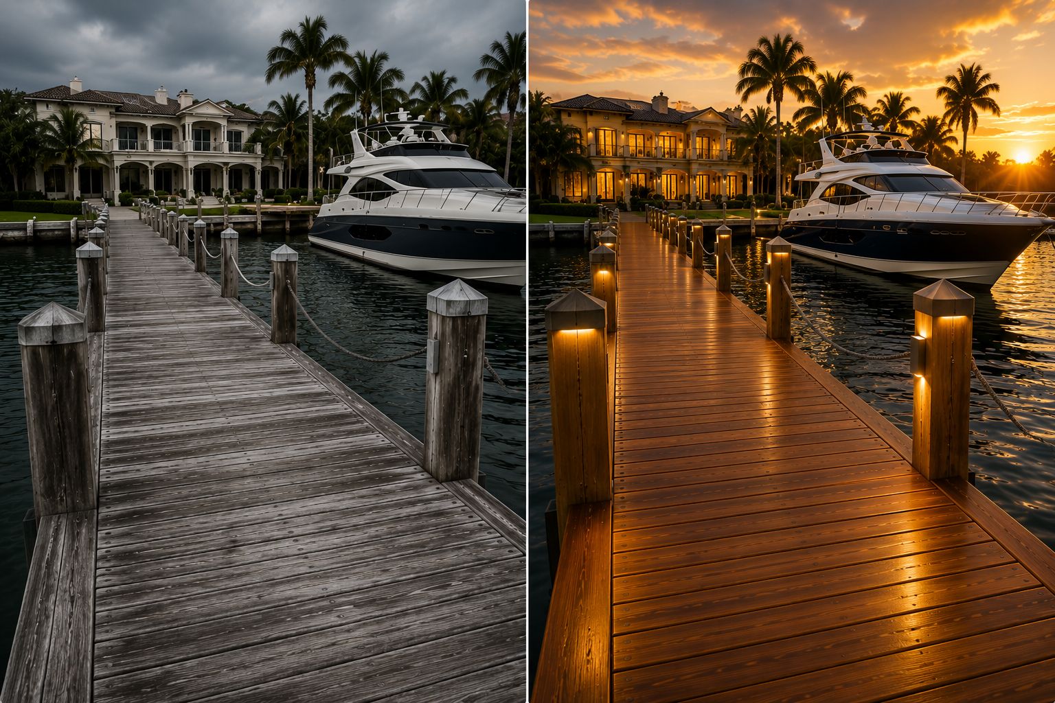 Waterfront dock teak restoration before and after
