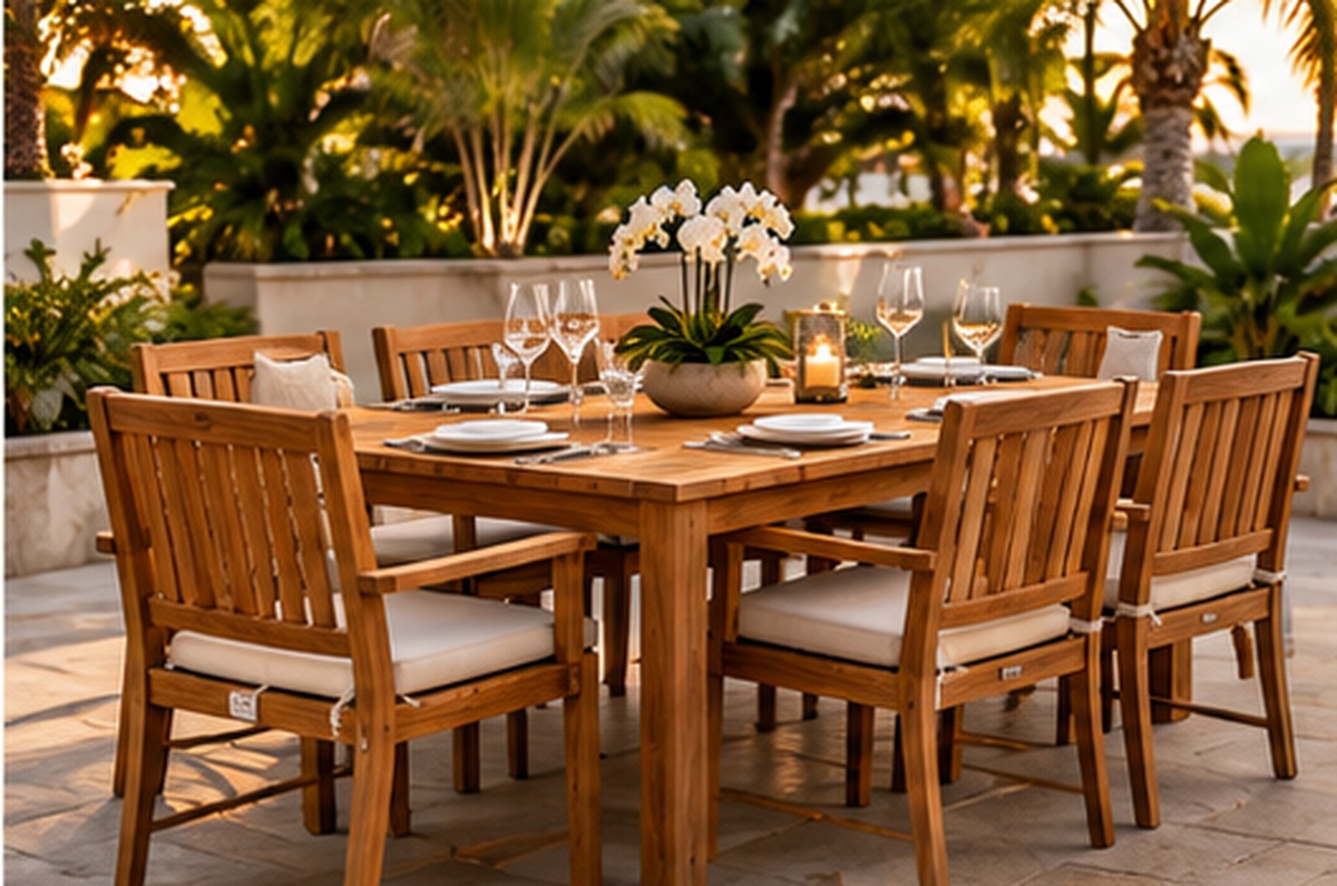 Restored teak outdoor dining table finish